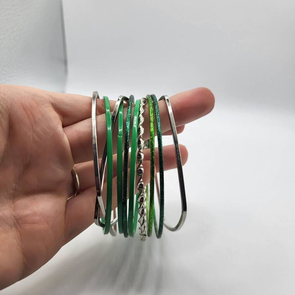 Lot of 10 Silver and Green Funky Belly Dance Bangle Bracelets